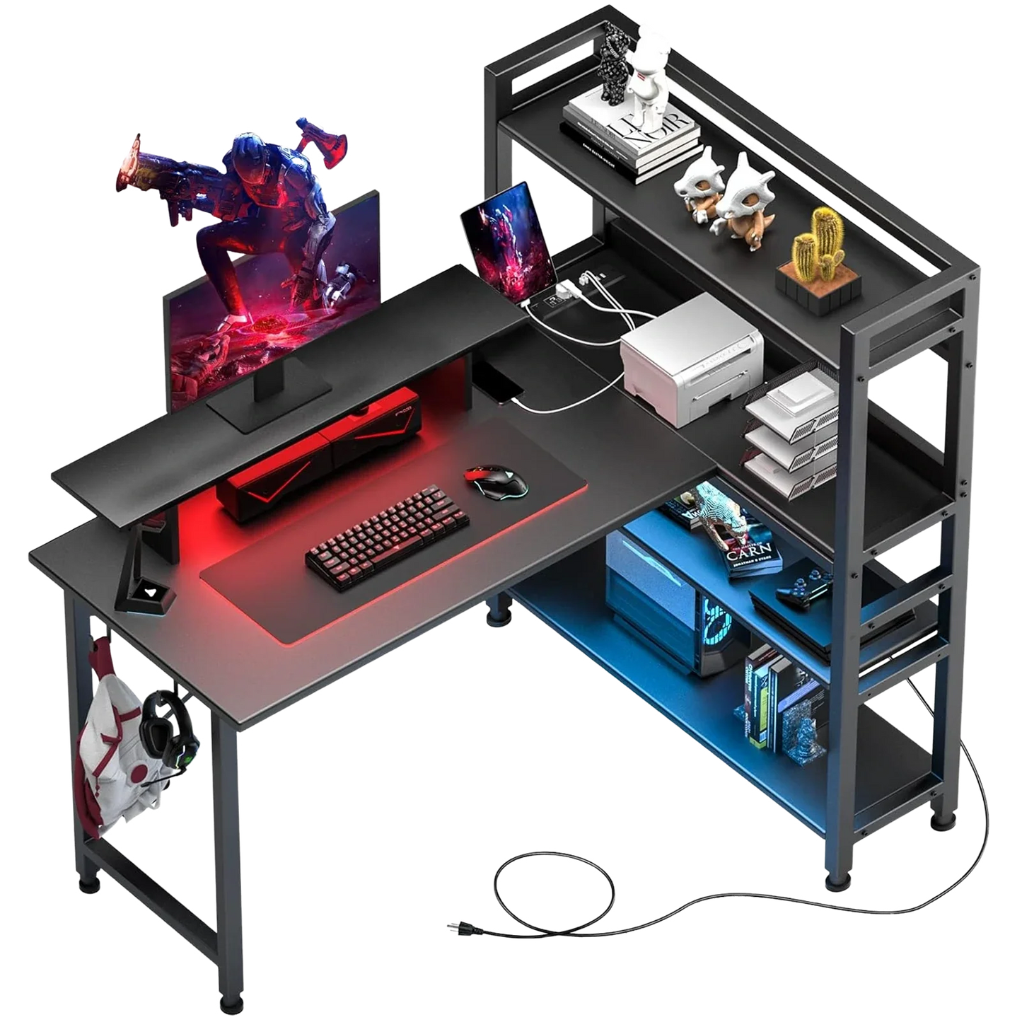 L-Shaped LED Gaming Desk with Monitor Stand
