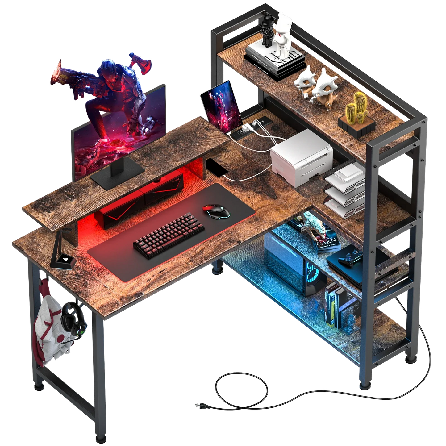 L-Shaped LED Gaming Desk with Monitor Stand