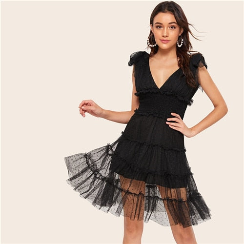 Shoulder Knot Plunging Neck Mesh Lace Dress Women Romantic Sleeveless Deep V Neck Midi Dress A Line Pink Summer Dress-5
