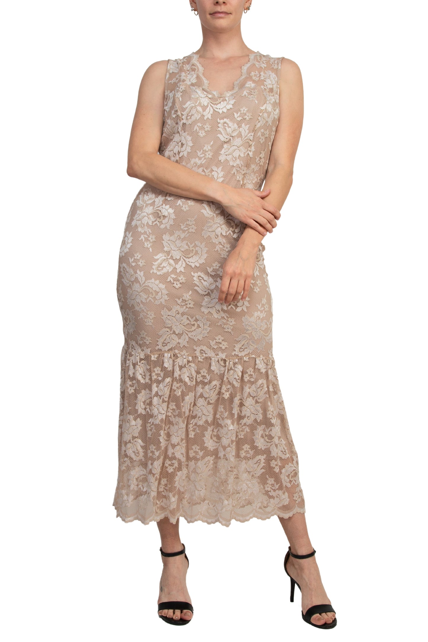 Marina Scallop Lace V-Neck Sleeveless A-Line Midi Dress-3