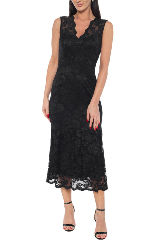 Marina Scallop Lace V-Neck Sleeveless A-Line Midi Dress-0