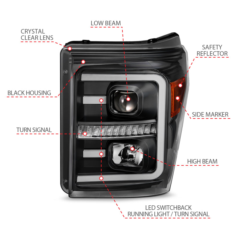 ANZO 2011-2016 Ford F250 Projector Headlights w/ Plank Style Switchback Black w/ Amber 111406